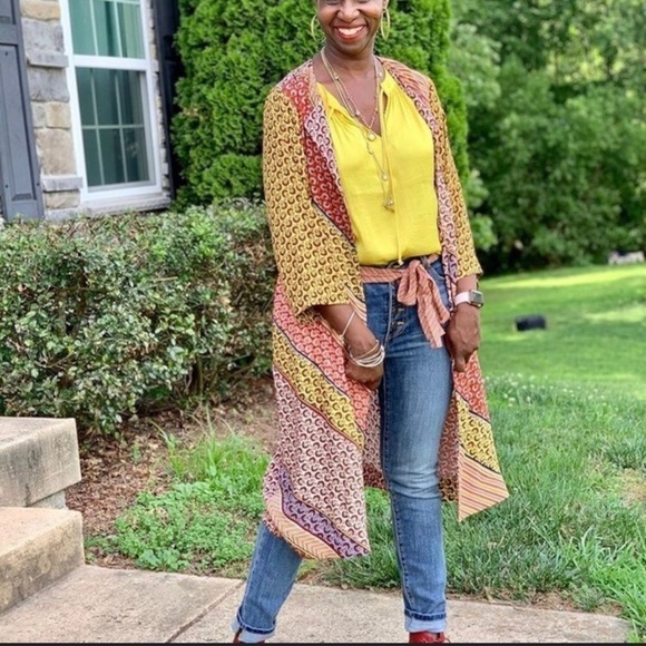 Blogger Favorite CAbi Women's Yellow Red Patchwork Open Front Kimono size Small - Picture 1 of 12